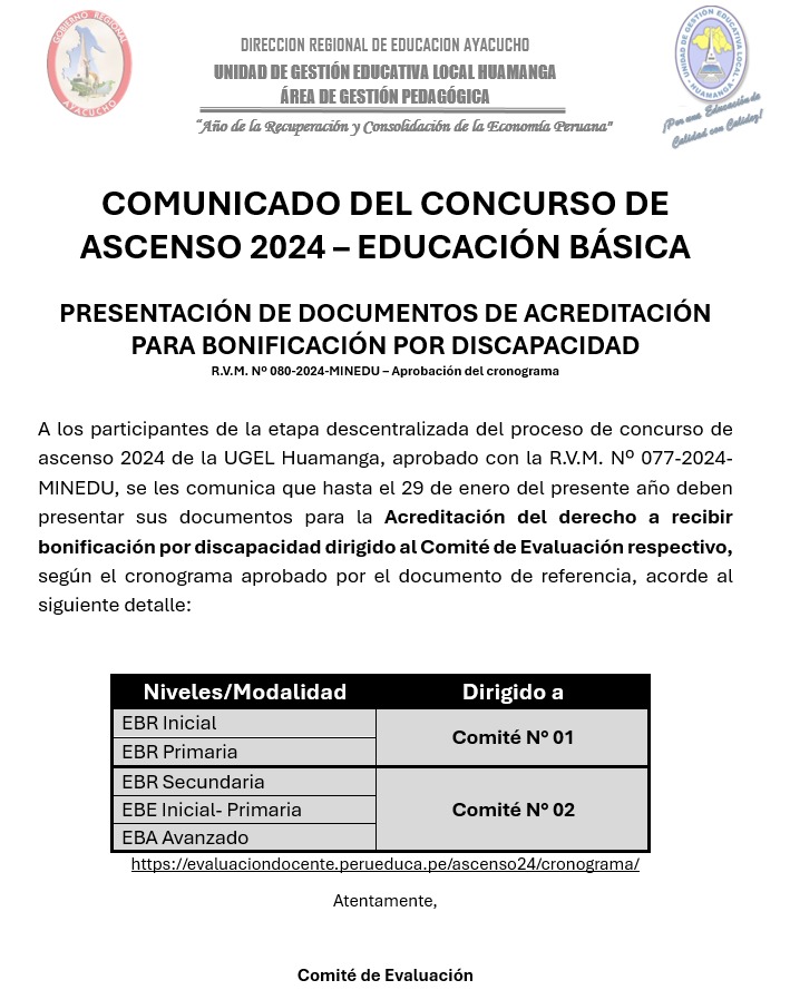 COMUNICADO DEL CONCURSO DE ASCENSO 2024 EDUCACIÓN BÁSICA – UGEL 308 ...