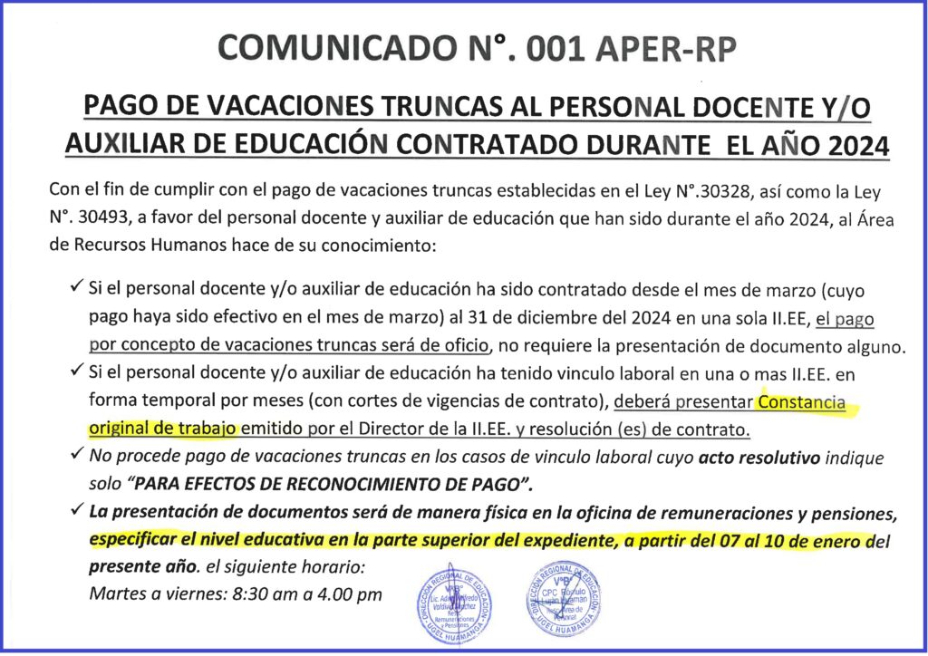 PAGO DE VACACIONES TRUNCAS AL PERSONAL DOCENTE Y AUXILIAR DE EDUCACIÓN ...